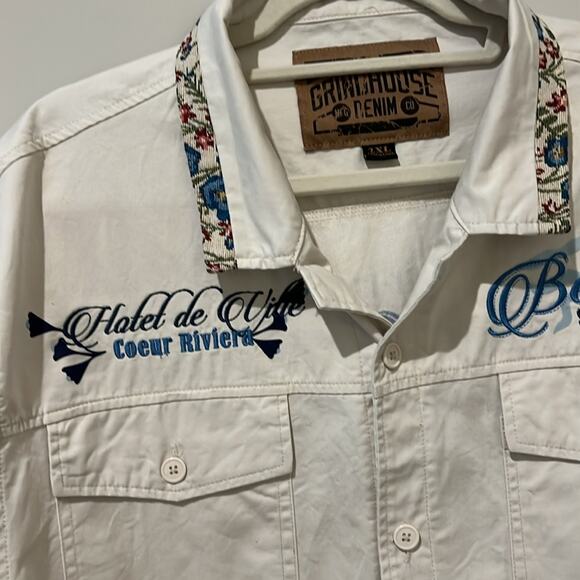 🌴 The Grindhouse‎ Denim Co. Beaulieu Sur-Mer Embroidered Shirt 2XL XXL Men’s - Picture 8 of 16